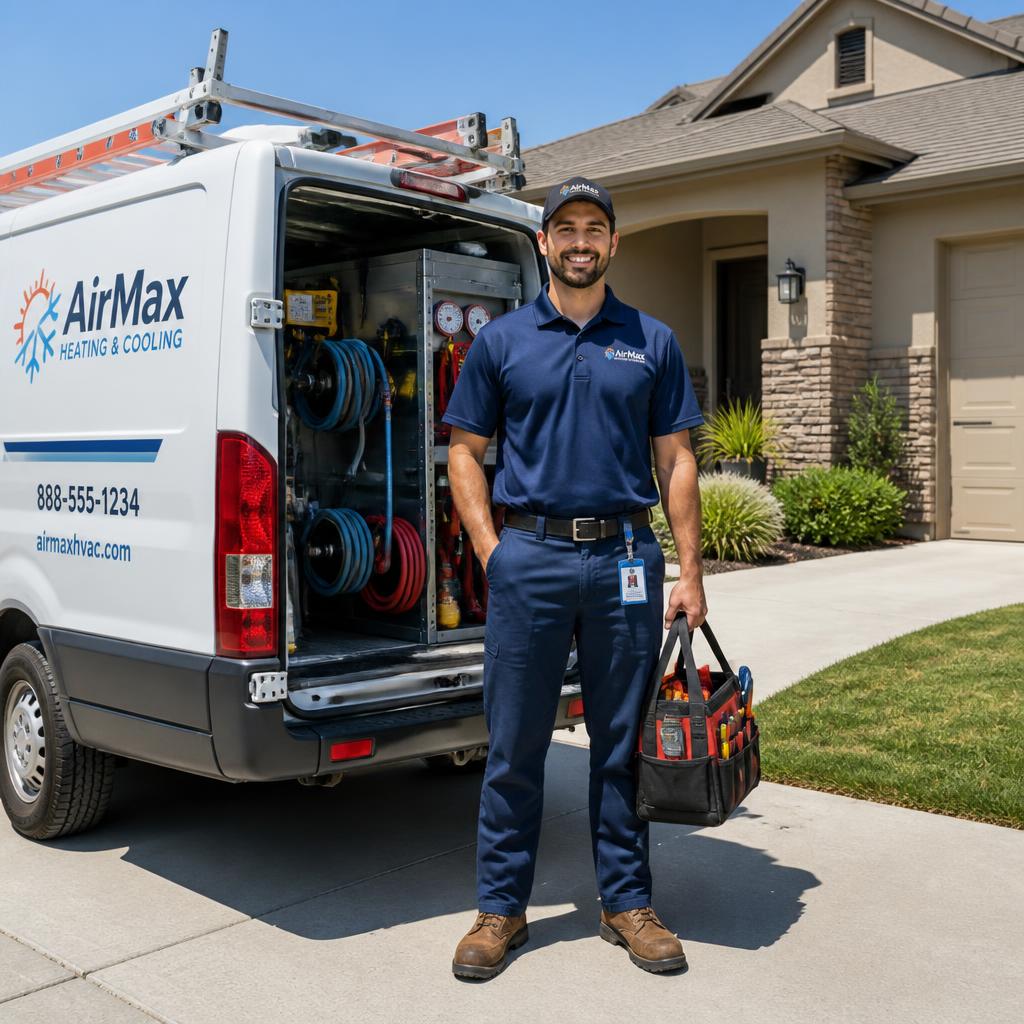 Professional HVAC service technician next to a service van